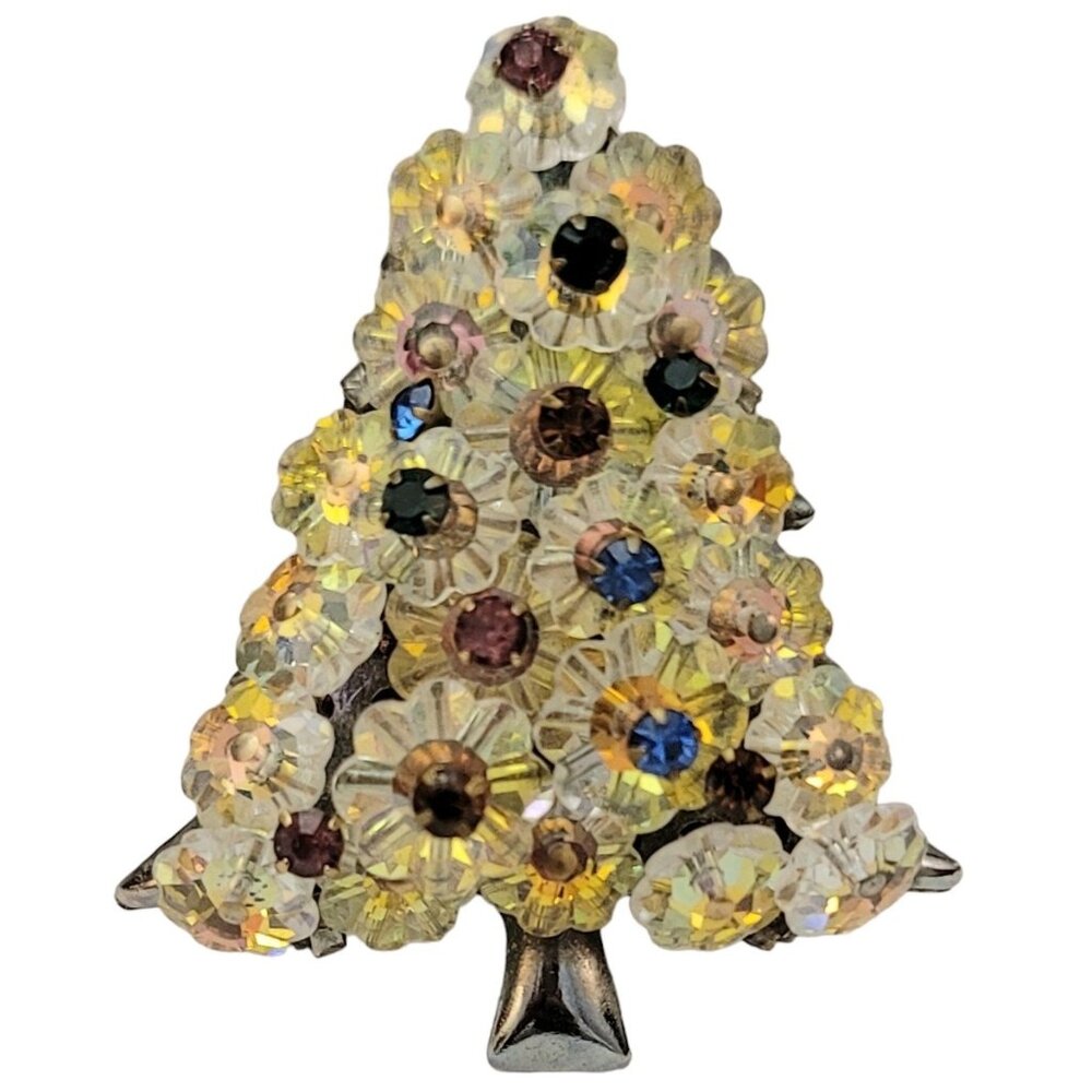 Vintage AB Glass Bead, Multi Color Rhinestone Christmas Tree Pin Brooch K431